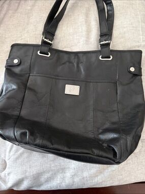 Grace Adele Black Leather Shoulder Tote with Silver Plaque